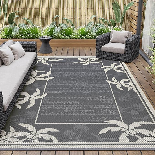 COCOER Outdoor-Rug 5x8 ft Waterproof Reversible Outdoor Plastic Straw Rug RV Indoor Outdoor Carpet Quick Dry Patio Rug Camping Mat for Balcony Backyard Picnic Beach-Grey&Beige