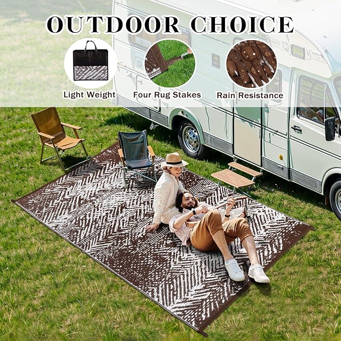 Outdoor Patio Rugs 4x6, Waterproof Reversible Outdoor Plastic Straw Rug Brown, RV Camping Mats UV-Resistant Outside Carpet Portable Area Mat for Garden Balcony Deck Picnic Beach Porch