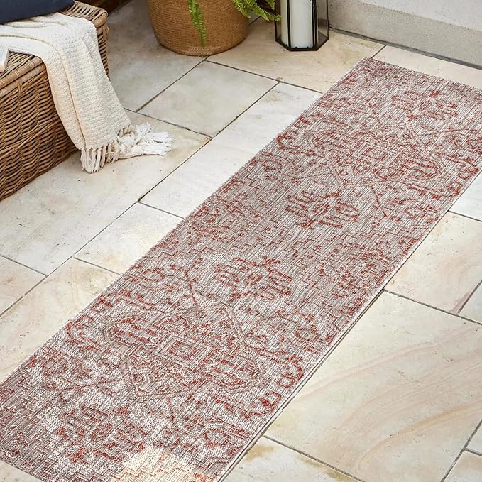 JONATHAN Y SMB105A-28 Estrella Bohemian Medallion Textured Weave Red/Taupe 2 ft. x 8 ft. Indoor/Outdoor Runner Rug Coastal, Traditional, Transitional, Perfect for Backyard, Patio, Porch