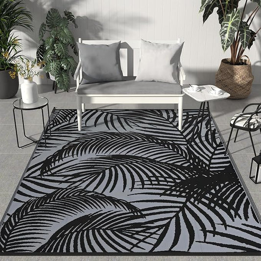 GENIMO Outdoor Rug 8' x 10' Waterproof for Patio Clearance, Reversible Lightweight Plastic Straw Camping Carpet, Large Area Rugs Mats for Rv, Porch, Backyard, Deck, Picnic, Balcony, Mix-Black & Gray