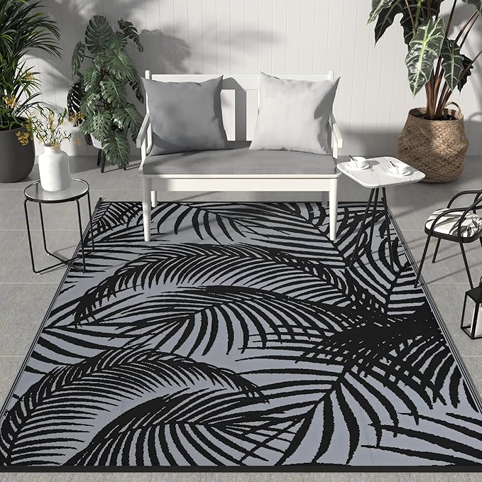 GENIMO Outdoor Rug 5' x 8' Waterproof for Patio Clearance, Reversible Plastic Straw Camping Carpet, Lightweight Mats for Rv, Backyard, Deck, Porch, Picnic, Beach, Balcony, Mix-Black & Gray