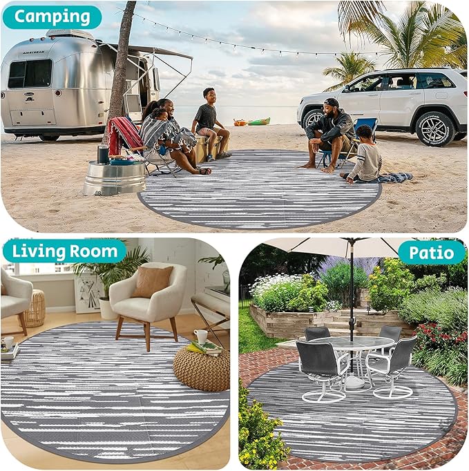 HEBE Round Outdoor Rug 8' Waterproof for Patios Clearance, Reversible Plastic Straw Rug Camping Carpet, Indoor Outdoor Area Rugs Patio Mats for RV,Picnic,Backyard,Deck,Balcony,Porch