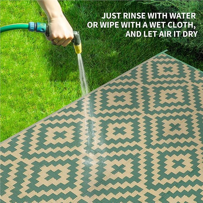 Outdoor Patio Plastic Straw Rug - 5'x8' Outdoor Camping Rug Waterproof Reversible, Area Carpet Patios Clearance RV, Outside Porch Balcony Deck for Camper, Green & Yellow