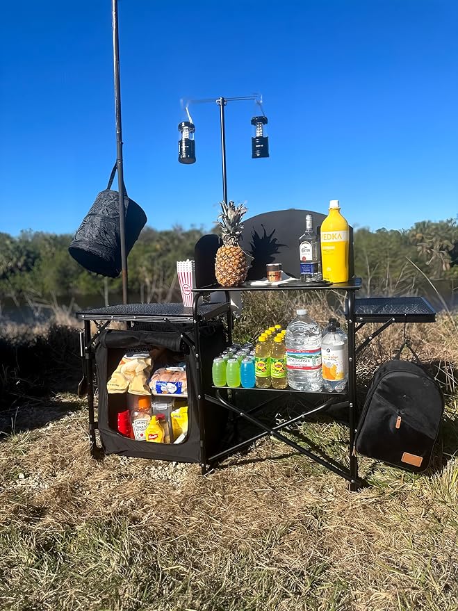 Nice C Camping Kitchen Station, Folding Table & Organizers, Upgrade Light Stand and Windshield Cooking Station, Carry Bag for Beach, Picnic (Black)