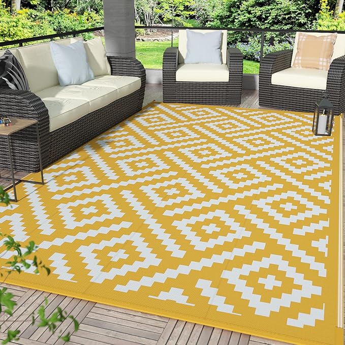 GENIMO Outdoor Rug for Patio Clearance, 6'x9' Reversible Plastic Straw Rugs, Lightweight Waterproof RV Camping Mat for Camper, Balcony, Deck, Backyard, Picnic, Yellow & Beigewhite