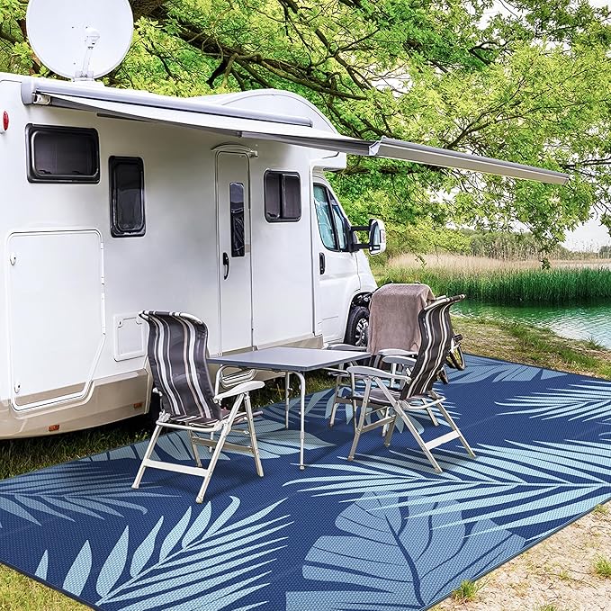 GENIMO Outdoor Rug 10' x 14' Waterproof for Patios Clearance, Reversible Outdoor Plastic Straw Camping Rug Carpet, Large Area Rugs Mats for RV, Camper, Deck, Balcony, Porch, Beach, Navyblue&Babyblue