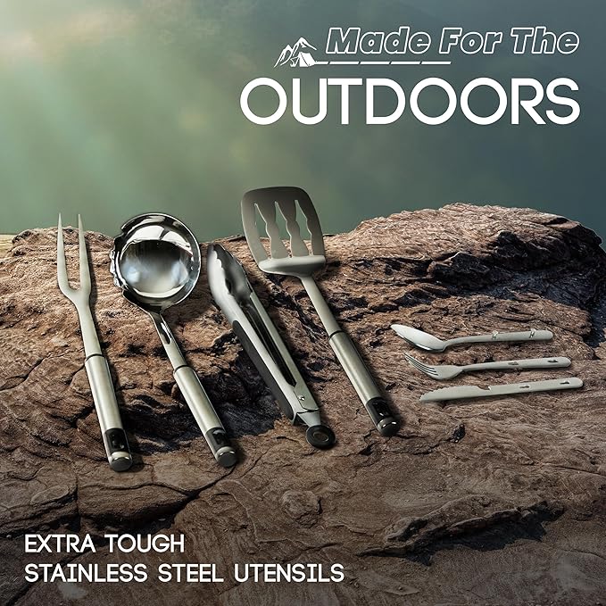 Camping Utensils Set, 21pcs Camp Cooking Kit with BBQ Tools, Knife Set & Spice Kit – Heat-Resistant Cutting Board, Dishwasher-Safe Cutlery for Outdoor, Hiking, Backpacking