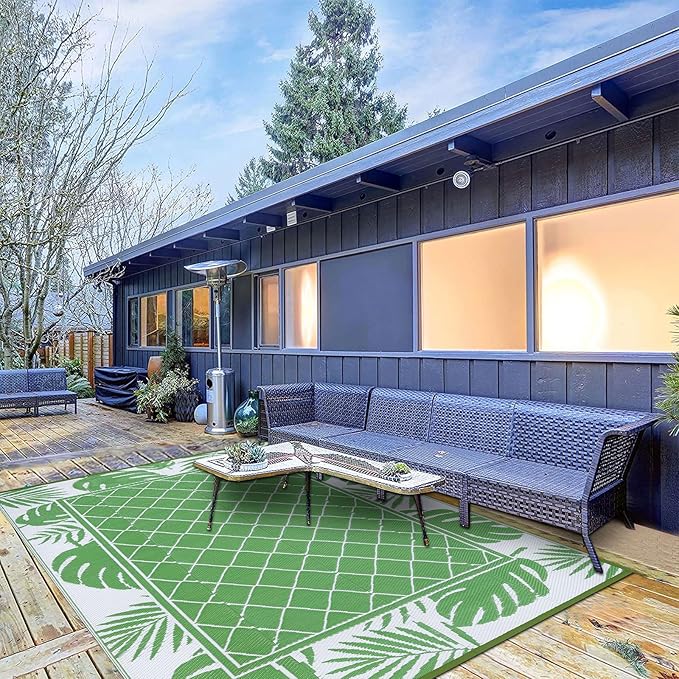 Ileading Outdoor Rug Carpet for Patio 5' x7' Waterproof Reversible Plastic Straw Rug Portable Outside Area Rug Camping Mat for Patio, Clearance, Balcony, Picnic, Pool, Beach, RV, Deck, Leaf Green