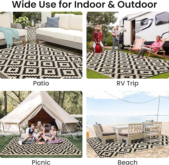Smiry Waterproof Outdoor Rug 9x12 ft, Reversible Plastic Straw Patio Camping Rugs, Outdoor Indoor RV Mat Carpet for Patio, Outside Entry, Backyard, Deck, Bench, Picnic, Camper, Black & Beige