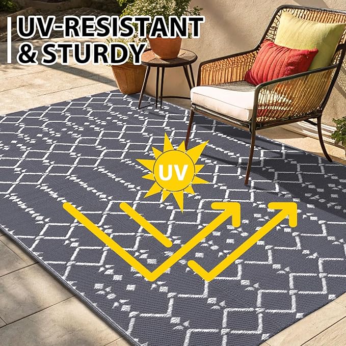 Smiry Outdoor Rug 9x12 ft, Waterproof Reversible Plastic Straw Rugs, Boho Outdoor Area Rug, Outside Floor Mat for Patio, Backyard, Deck, Picnic, Beach, Camping, Grey