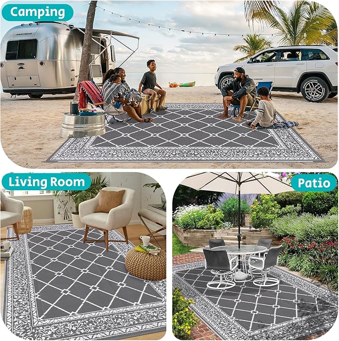 HEBE Outdoor Rug 9'x12' for Patios Waterproof Clearance Reversible Patio Mat Plastic Straw Rug RV Camping Mat Outside Area Rug Carpet for Camping RV,Porch,Deck,Balcony,Camper,Backyard