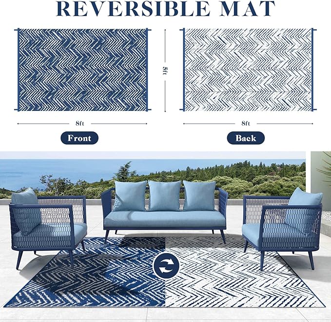 Outdoor Patio Rug 5x8 Navy Blue, Waterproof Reversible Outdoor Plastic Straw Rugs RV Camping Mat UV-Resistant Outside Carpet Portable Area Mats for Garden Balcony Deck Picnic Beach