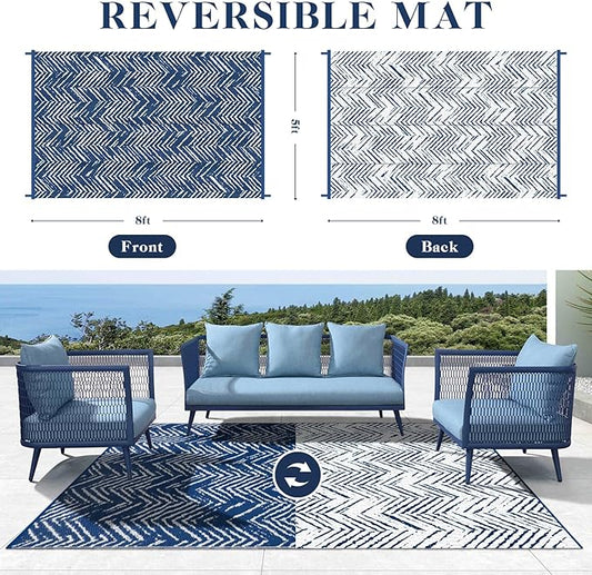 Outdoor Patio Rug 5x8 Navy Blue, Waterproof Reversible Outdoor Plastic Straw Rugs RV Camping Mat UV-Resistant Outside Carpet Portable Area Mats for Garden Balcony Deck Picnic Beach