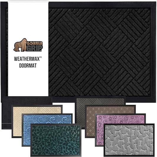 GORILLA GRIP 100% Waterproof All-Season WeatherMax Doormat, Durable Natural Rubber, Stain and Fade Resistant, Low Profile, Indoor Outdoor Door Mats, Easy Clean Patio Entrance Mat, 17x29, Black Diamond