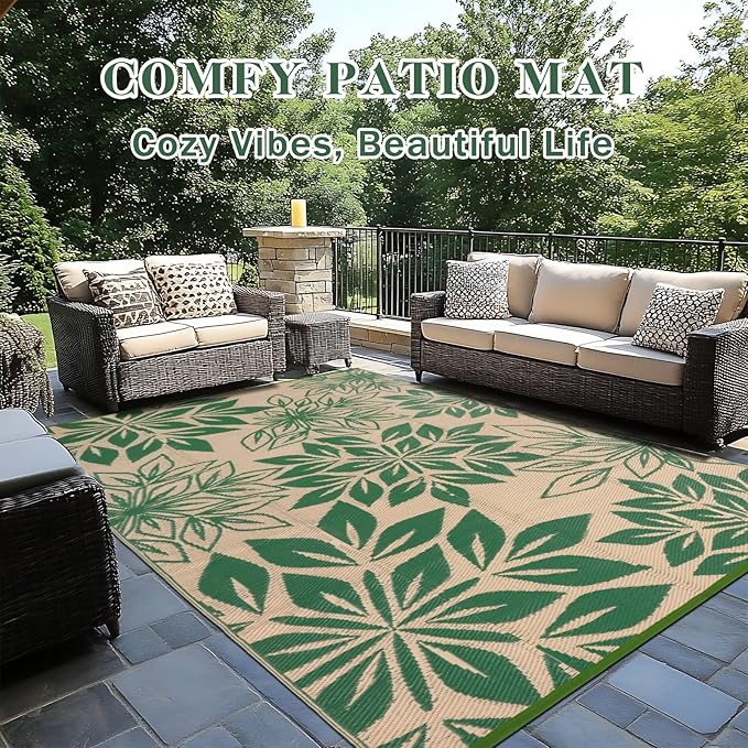 Waterproof Outdoor Rugs 5x8, Green Outdoor Plastic Straw Rug Double-Sided, Fade Resistant Patio Rug, Easy Cleaning RV Camping Mats Outside Carpet Portable for Balcony Porch Garden Deck Picnic