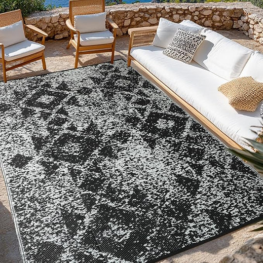 Waterproof Outdoor Rug 8x10 ft, Reversible Plastic Straw Rug, Easy to Clean Patio Rug, Portable Carpet for Patio, RV, Deck, Balcony, Backyard, Picnic, Beach, Mosaic, Gray