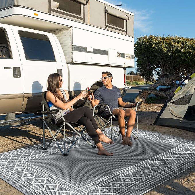 GENIMO Outdoor Rug Waterproof for Patio Decor, 6'x9' Reversible Plastic Straw Area Carpet, Camping Outside Mat for Outdoor, RV, Deck, Camper, Balcony, Picnic, Grey & White