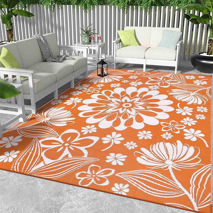 Ileading Outdoor Plastic Straw Rug 9x12ft Funny Floral Style Reversible Patio Area Rugs Waterproof Non Shedding Portable Carpets Large RV Rugs for Outside Deck Pool Beach Picnic Camping (Orange)