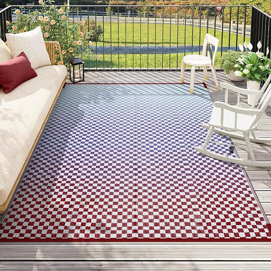 Wonnitar 8x10 Waterproof Outdoor Rug - Blue Purple Ombre Checkered Patio Rugs, Lightweight Reversible Mat for Deck Porch RV Picnic, Large Camping Carpet with Colorful Grid Design