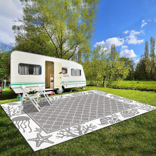 Vaukki Reversible Rugs, Plastic Straw Outdoor Doormat, Fade Resistant Plastic Outdoor Patio Mat, Lightweight Ocean Area Carpet for Patio, RV, Camping, Beach, Deck, Backyard and Picnic (Grey, 10'x14')