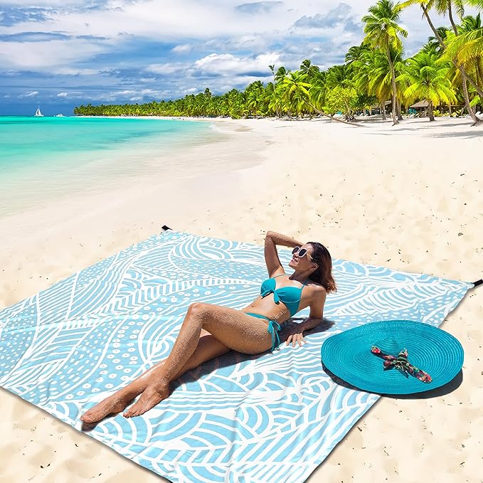Beach Blanket Waterproof Sandproof Beach Mat 79”x 83” for 1-4 Adults Quick Drying Durable Outdoor Picnic Mat for Beach Festival Travel Camping Hiking (BL-Ripple, 79"×83"(4 Person))