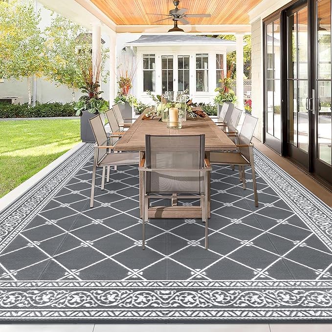 HiiARug Outdoor Rug 9'x18' for Patios Clearance, Reversible Outdoor Plastic Straw Waterproof Camping Carpet, Large Area Rugs Patio Mats for Outside RV, Camper, Deck, Porch, Beach, Picnic, Grey&White