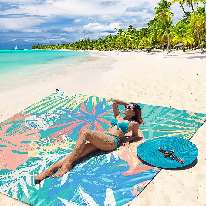 Beach Blanket, Sandproof Beach Mat, Waterproof Quick Drying Lightweight Outdoor Aztec Picnic Mat 79" X 83" for 2-4 Adults with Pocket for Travel, Camping, Hiking