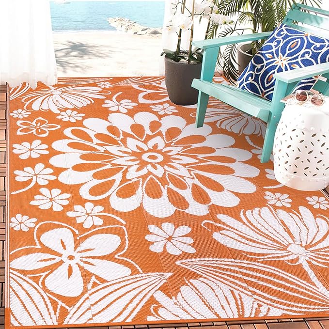 Ileading Outdoor Plastic Straw Rug 5x8ft Funny Floral Style Reversible Patio Area Rugs Waterproof Non Shedding Portable Carpets for Rv Outside Deck Pool Beach Picnic Camping (Orange)
