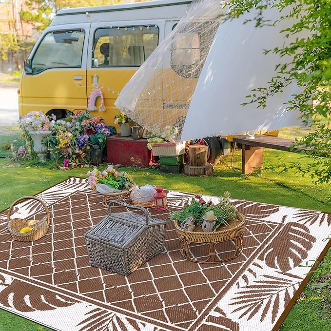 Ileading Outdoor Rug Carpet for Patio 6' x9' Waterproof Reversible Plastic Straw Rug Portable Outside Area Rug Camping Mat for Patio, Clearance, Balcony, Picnic, Pool, Beach, RV, Deck, Leaf Brown