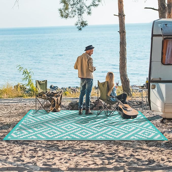 GENIMO Outdoor Rug for Patio Clearance, 6'x9' Waterproof Camping Mat, Reversible Plastic Straw Rugs for RV, Camper, Balcony, Backyard, Picnic, Deck (Aqua Blue & White)