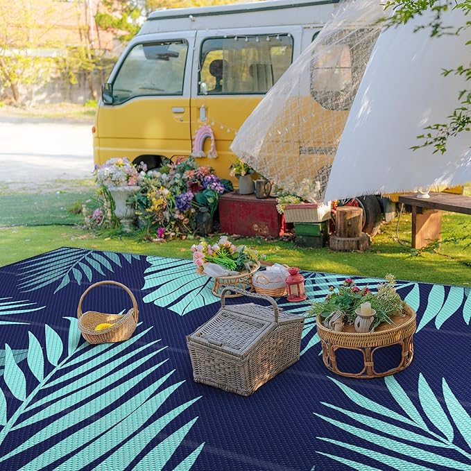 GENIMO Outdoor Rug 10' x 14' Waterproof for Patios Clearance, Reversible Outdoor Plastic Straw Camping Rug Carpet, Large Area Rugs Mats for RV, Camper, Deck, Balcony, Porch, Beach, Navyblue&Jadegreen