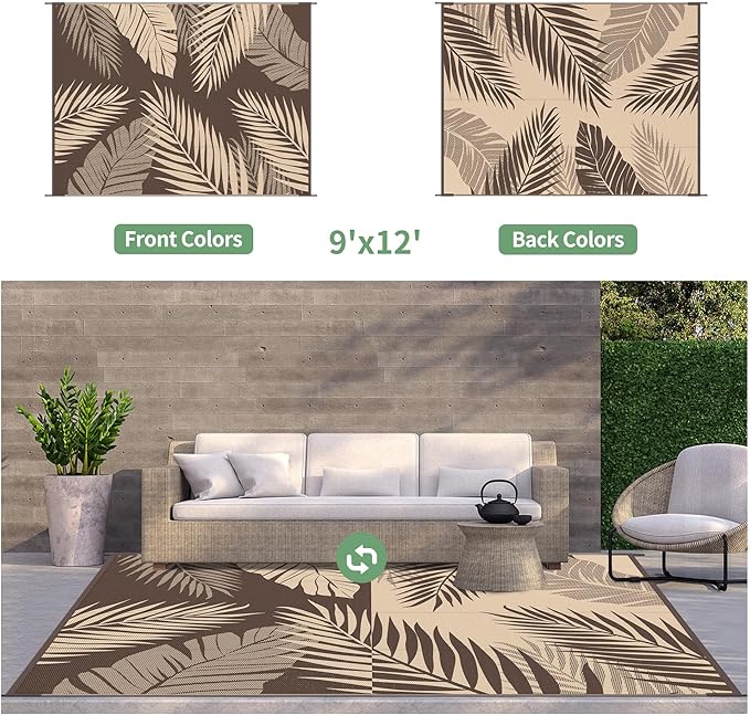 GENIMO Outdoor Rug 9' x 12' Waterproof for Patios Clearance, Reversible Outdoor Plastic Straw Camping Rug Carpet, Large Area Rugs Mats for RV, Camper, Deck, Balcony, Porch, Beach, Picnic, Coffee&Beige