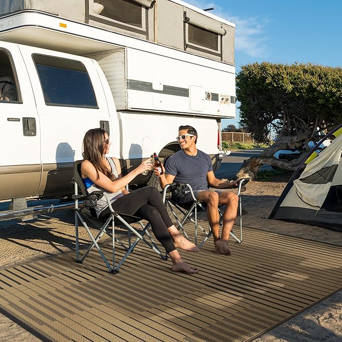 GENIMO Outdoor Rug for Patio Clearance, 8'x10' Waterproof Camping Mat, Reversible Plastic Straw Rugs for RV, Camper, Balcony, Backyard, Picnic, Deck (Black Brown)