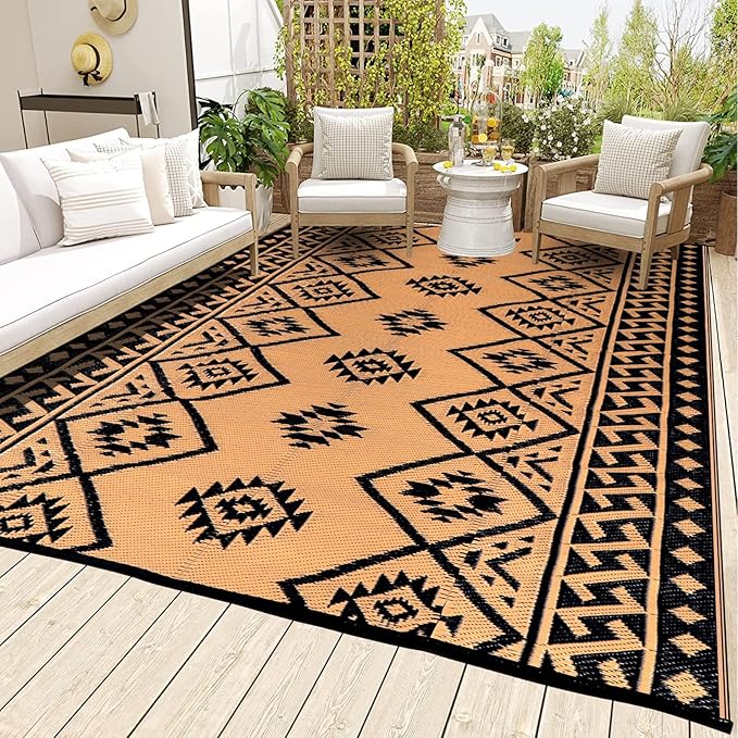 LILIOFFIC Outdoor Rugs - Reversible Mats, 5'x8' Plastic Straw Rug for Patio Clearance Waterproof, Indoor Outdoor Area Rug Carpet for Outside, RV, Deck, Picnic, Beach, Trailer, Camping, Black & Brown