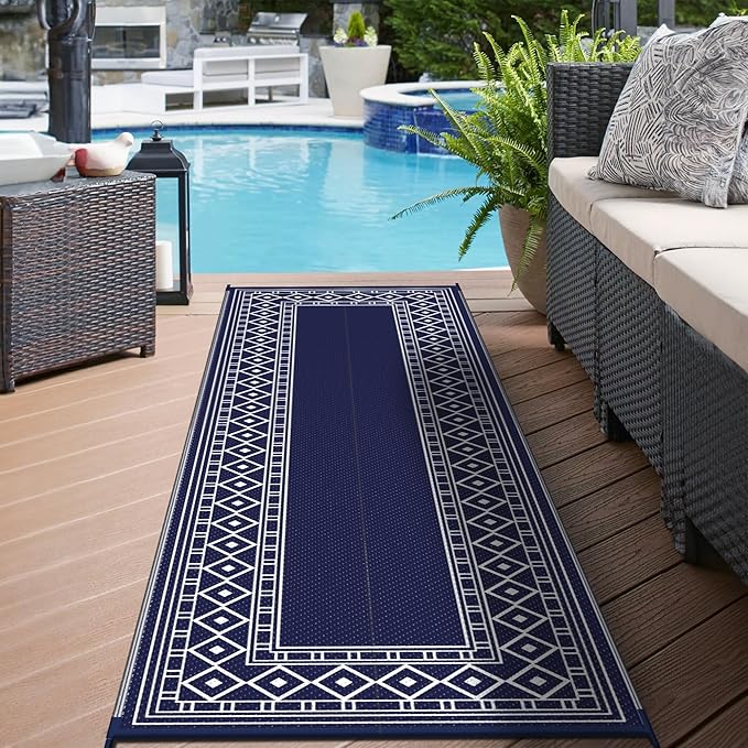 GENIMO Outdoor Rug Waterproof for Patio, 2.5'x8' Foldable Reversible Plastic Straw Runner Rug Carpet for Porch, Outside Area Mat for Rv, Deck, Picnic, Camper, Balcony, Beach, Blue & White
