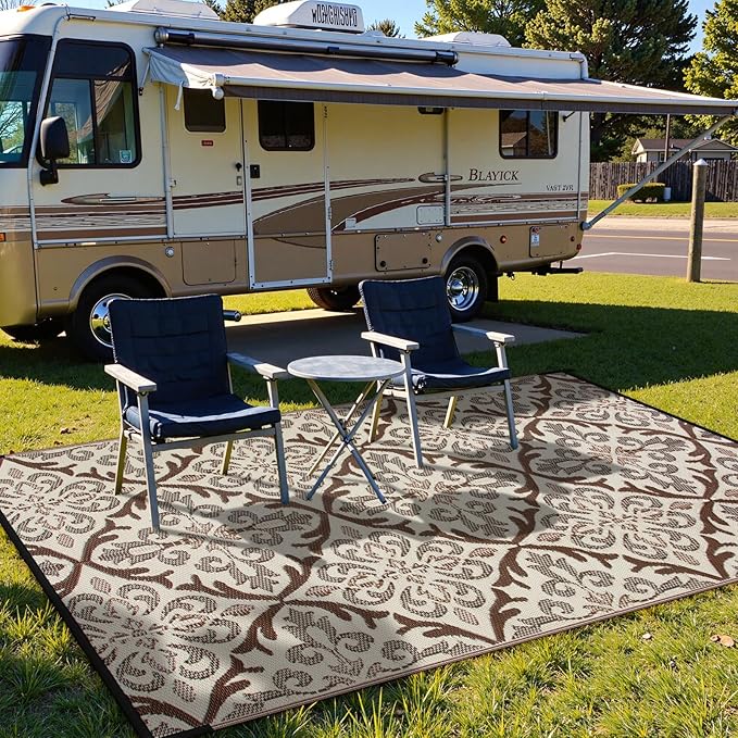 Lahome 6x9 Outdoor Rugs for Patios Waterproof, Plastic Straw Portable Reversible Rv Rug, Porch Floor Camping Carpet for Balcony Tent, Khaki 6'x9'