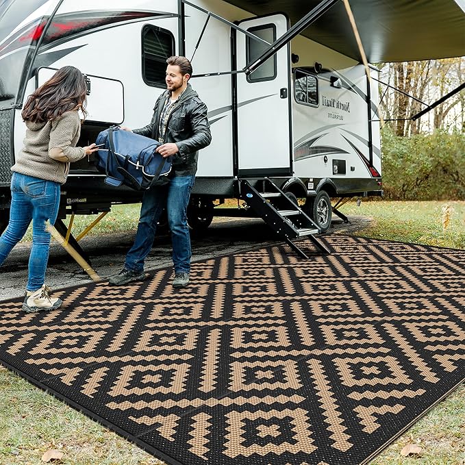 GENIMO Outdoor Rug for Patio Clearance, 10'x14' Waterproof Large Camping Mat, Reversible Plastic Straw Rugs for RV, Camper, Balcony, Backyard, Picnic, Deck (Black & Brown)