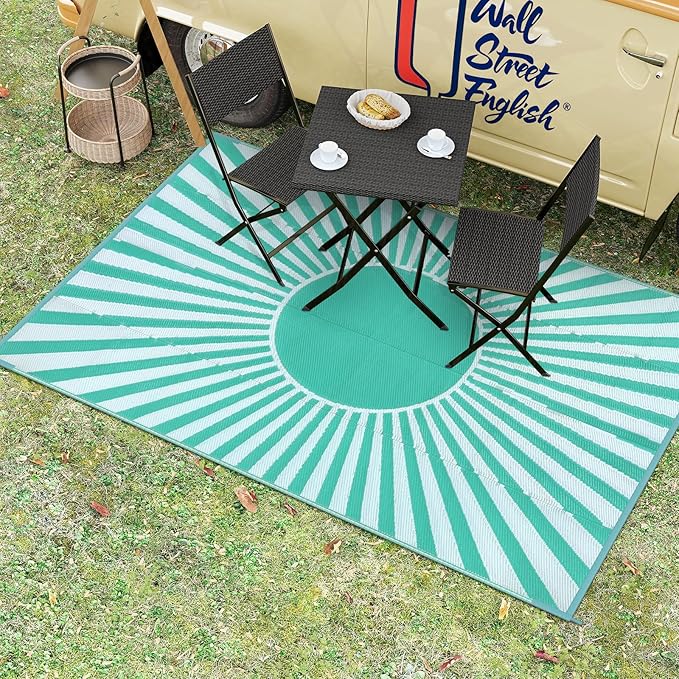 Wonnitar 5x8 Waterproof Outdoor Rug - Reversible Plastic Straw Patio Rug, Portable Outside Carpet for Camping, Indoor Outdoor Mat for Deck Backyard RV Garden Picnic (Blue-Green, 5'x8')