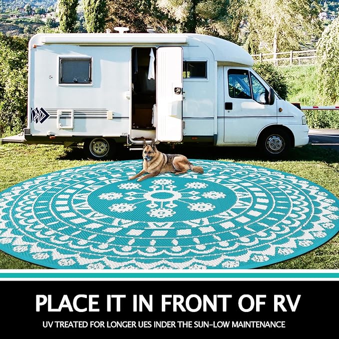 Capslpad 10Ft Round Outdoor Rug for Patio Clearance Boho Reversible Mat Waterproof Outdoor Plastic Straw RV Camping Rug Outside Circle Area Rug for Porch Deck Terrace Picnic Beach Apartment, Teal