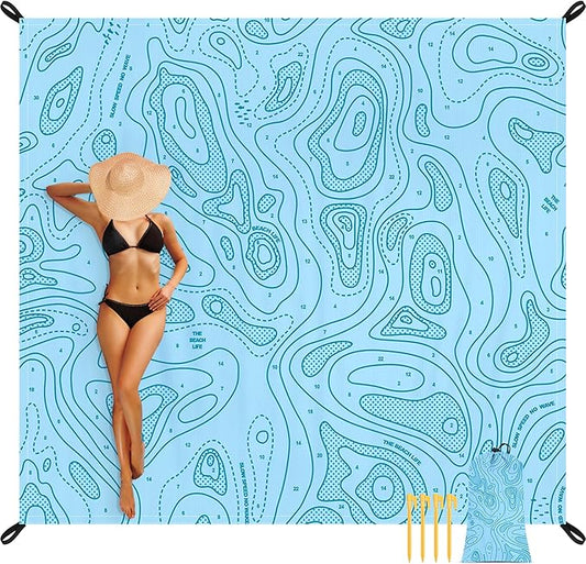 Blue Beach Blanket, 9 Ft X 10 Ft Extra Large Sandproof Beach Mat for 2-8 Adults, Foldable Waterproof Sand Free Outdoor Picnic Blanket with 4 Stakes & Corner Pockets for Camping, Hiking, Festival
