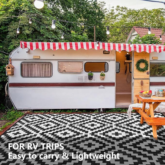 Outdoor Patio Plastic Straw Rug - 8'x10' Outdoor Camping Rug Waterproof Reversible, Area Carpet Patios Clearance RV, Outside Porch Balcony Deck for Camper, Black & White