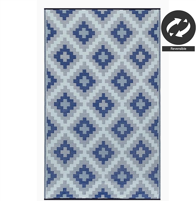 FH Home Outdoor Rug - Waterproof, Fade Resistant, Reversible - Premium Recycled Plastic - Geometric - Patio, Deck, Porch, Balcony, Laundry Room - Aztec Kilim - Blue Multi Crease Free - 5 x 8 ft