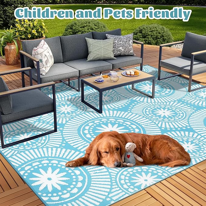 Ileading Large Plastic Outdoor Rug 8x10ft Modern Geometric Style Reversible Patio Area Rugs Waterproof Non Shedding Portable Carpets for Rv Outside Deck Pool Beach Picnic Camping (Teal)