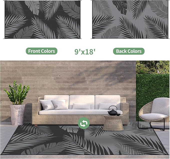GENIMO Outdoor Rug 9' x 18' Waterproof for Patios Clearance, Reversible Outdoor Plastic Straw Camping Rug Carpet, Large Area Rugs Mats for RV, Camper, Deck, Balcony, Porch, Beach, Picnic, Black&Grey