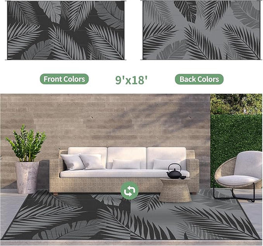 GENIMO Outdoor Rug 9' x 18' Waterproof for Patios Clearance, Reversible Outdoor Plastic Straw Camping Rug Carpet, Large Area Rugs Mats for RV, Camper, Deck, Balcony, Porch, Beach, Picnic, Black&Grey