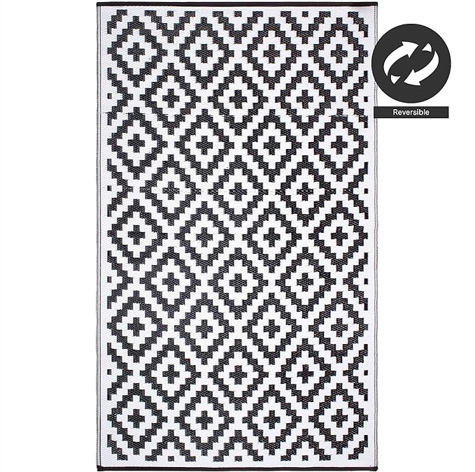 FH Home Outdoor Camping Rug - Waterproof, Fade Resistant, Reversible - Premium Recycled Plastic - Geometric - Patio, Deck, Sunroom, RV - Aztec - Black & White - 5 x 8 ft Foldable