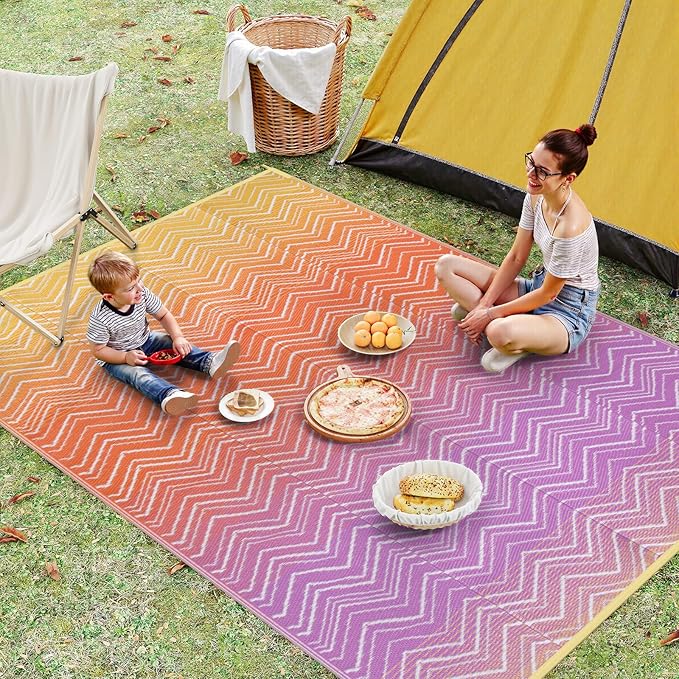 Lahome Colorful Waterproof Outdoor Rug 8x10, Reversible Outdoor Plastic Straw Rug for Patios, Outside RV Mat Carpet for Deck Porch Backyard Balcony Picnic Trailer (Orange/Purple, 8' x 10')