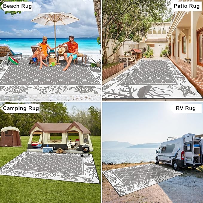 Vaukki Reversible Rugs, Plastic Straw Outdoor Doormat, Fade Resistant Plastic Outdoor Patio Mat, Lightweight Ocean Area Carpet for Patio, RV, Camping, Beach, Deck, Backyard and Picnic (Grey, 8'x10')