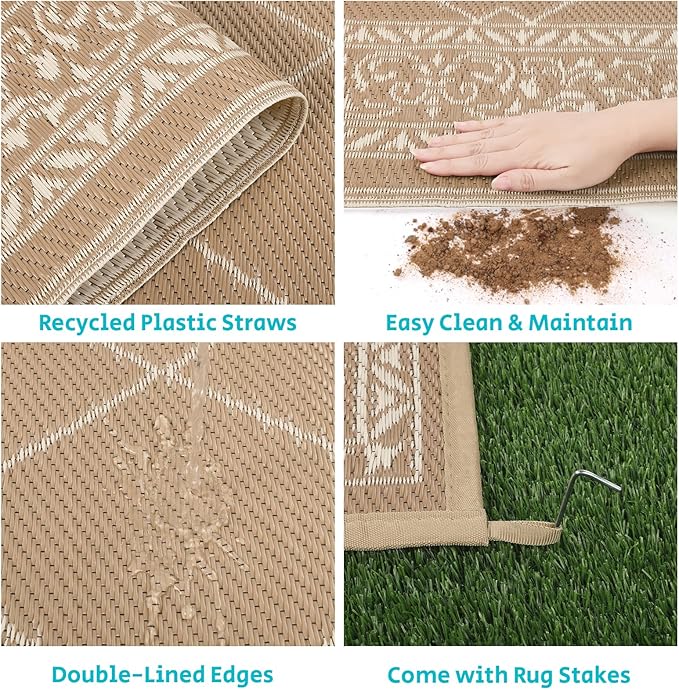 HEBE Outdoor Rug 6'x9' for Patios Waterproof Clearance Reversible Patio Mat Plastic Straw Rug RV Camping Mat Outside Area Rug Carpet for Camping RV,Porch,Deck,Balcony,Camper,Backyard