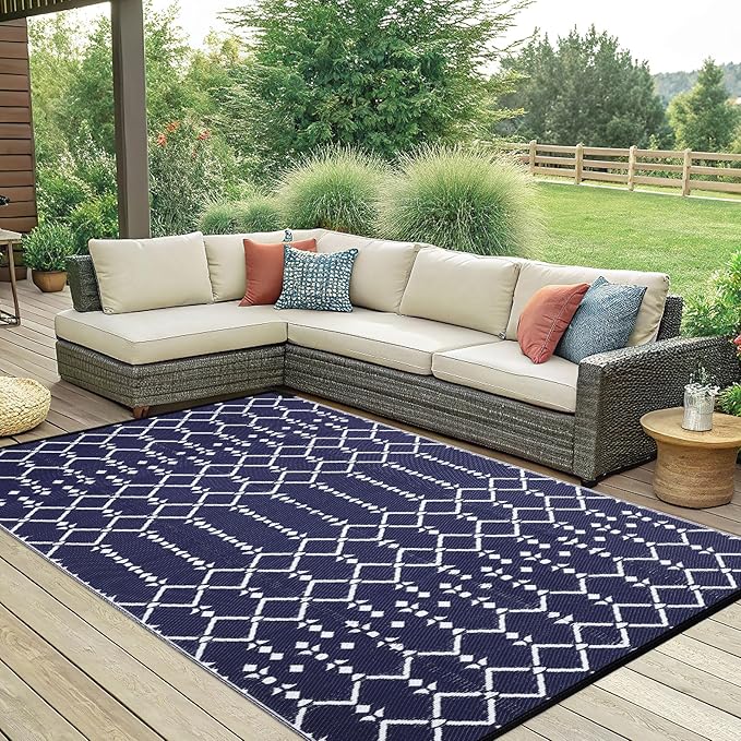 Smiry Outdoor Rug 6x9 ft, Waterproof Reversible Plastic Straw Rugs, Boho Outdoor Area Rug, Outside Floor Mat for Patio, Backyard, Deck, Picnic, Beach, Camping, Navy